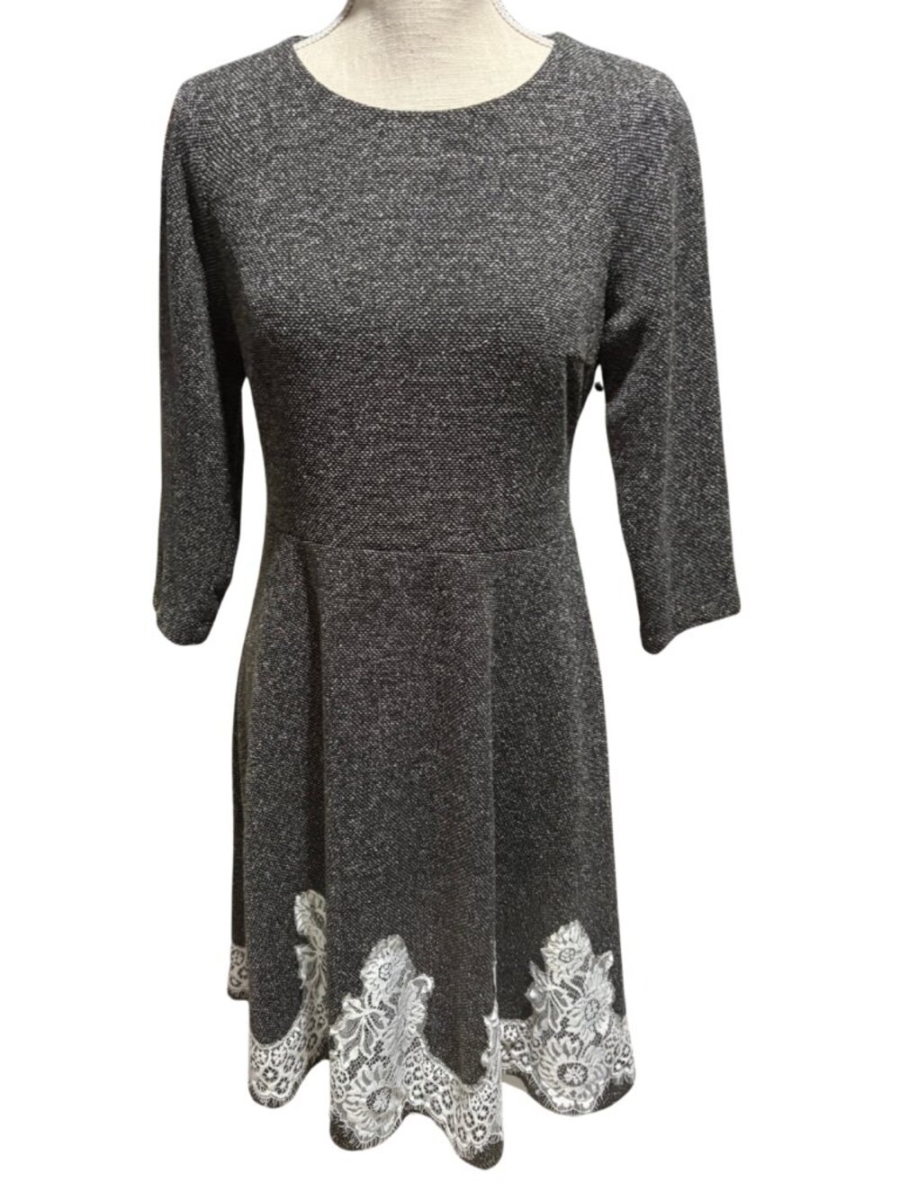 Beige by ECI Dress 8 Gray Tweed Lace Hem Fit Flare Belted Missing Belt